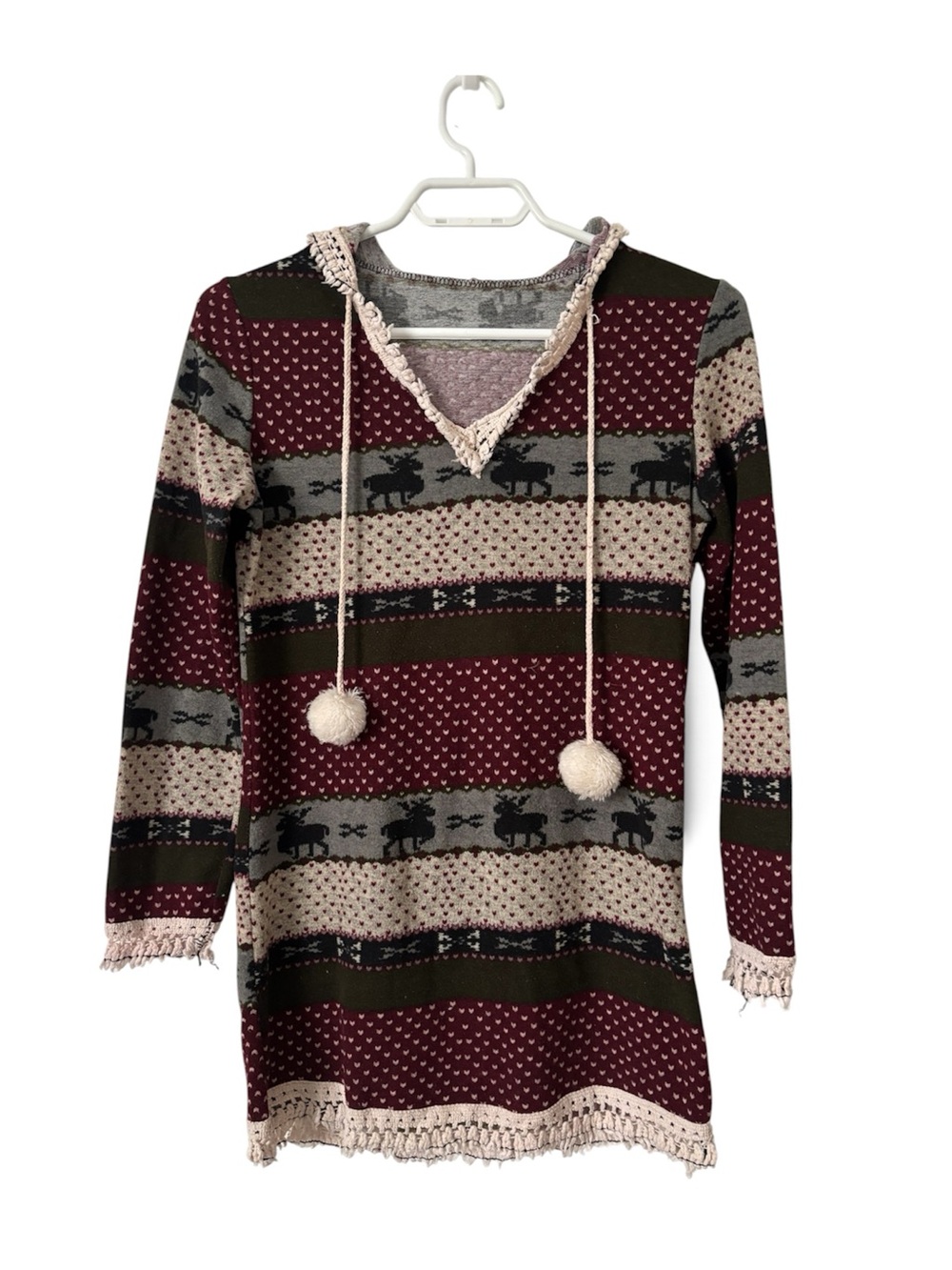 Fair Isle Nordic Reindeer Print V neck Hooded Sweater Pom Pom Drawstring - S